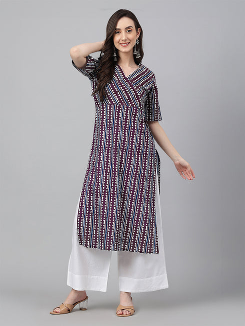 Wine Pure Cotton Geometric Printed Straight Kurta